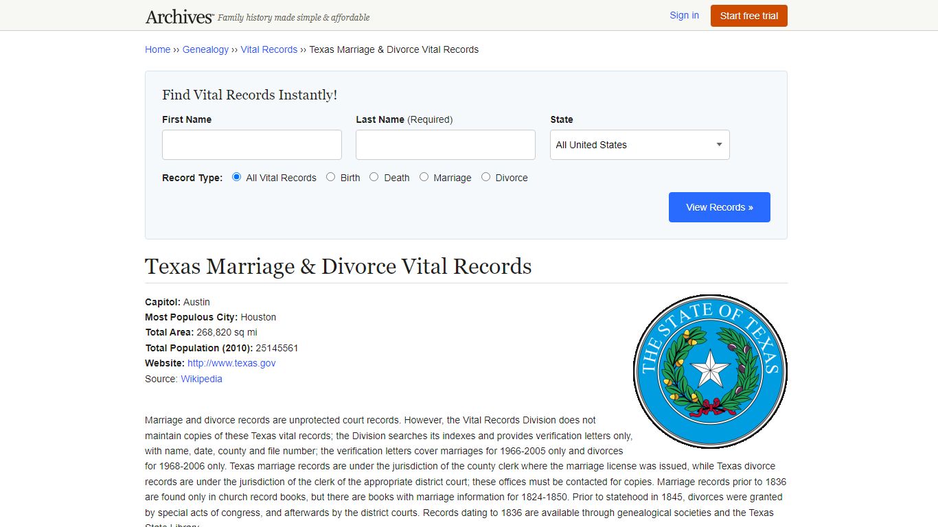 Texas Marriage & Divorce Vital Records - Archives.com